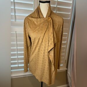 Bobeau tan “suede” cardigan with floral cutout design size m